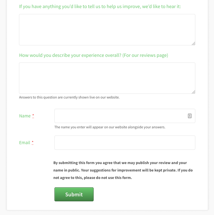Satisfaction survey, with two text areas and a consent notice